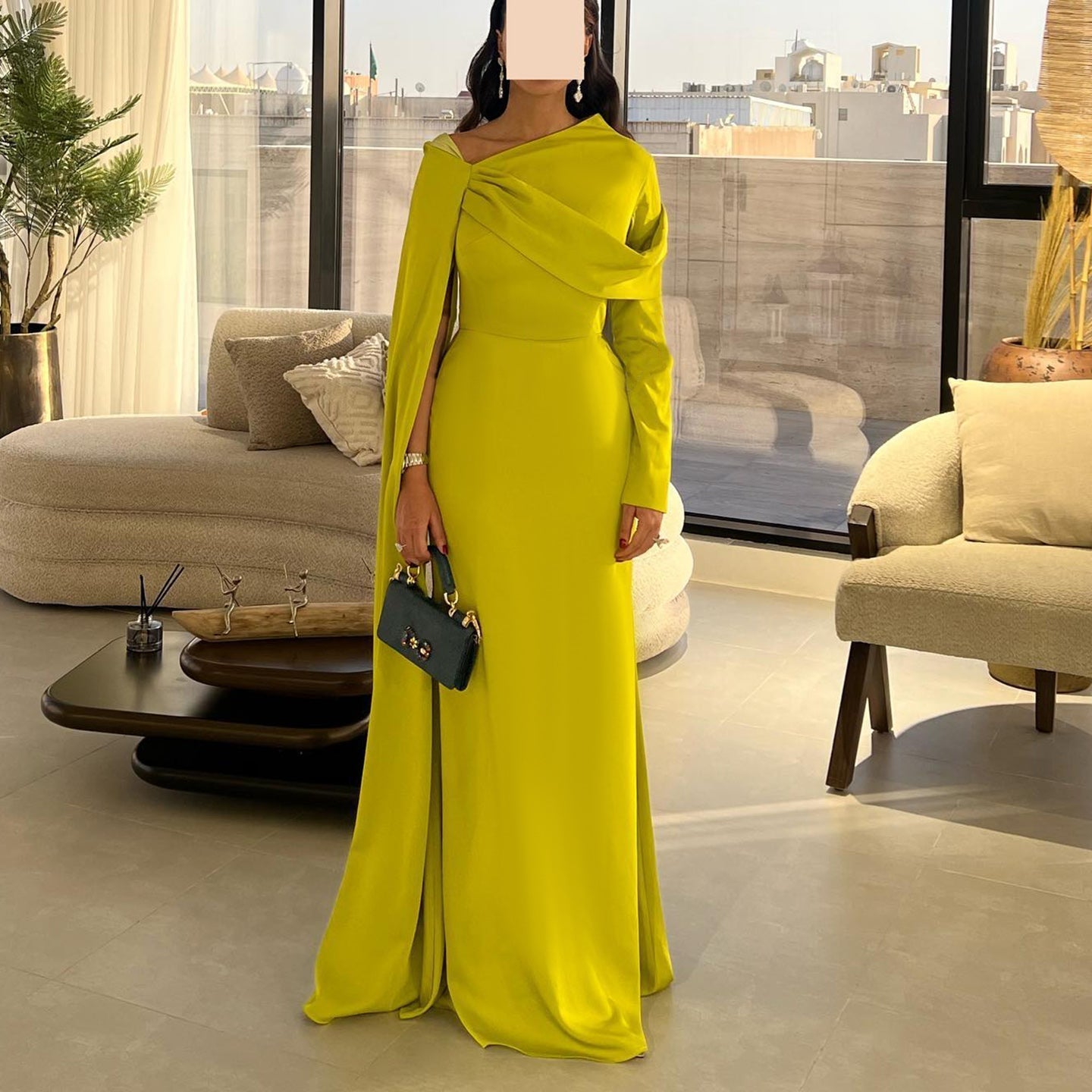 Elegant Fuchsia One Shoulder Evening Dress with Cape SF074