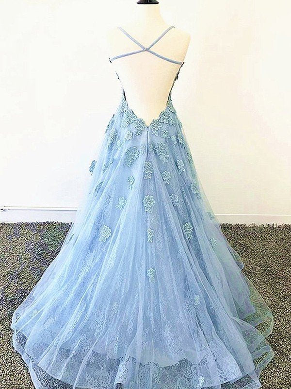 A-Line/Princess Tulle Applique Spaghetti Straps Sleeveless Sweep/Brush Train Prom Dresses