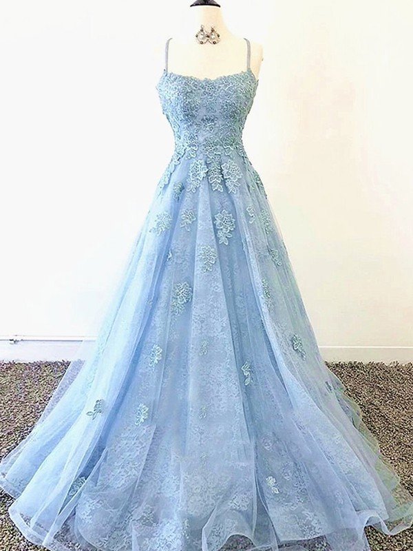 A-Line/Princess Tulle Applique Spaghetti Straps Sleeveless Sweep/Brush Train Prom Dresses
