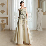 Luxury Beige Evening Dress with 3D Floral Embroidery SS362