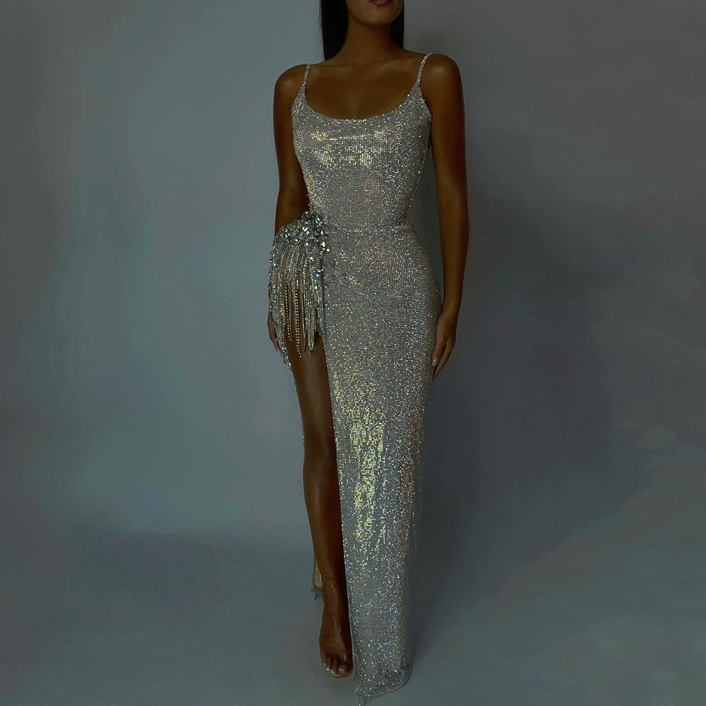 Luxury Crystal Tassels Spaghetti High Slit Cocktail Dress RM019