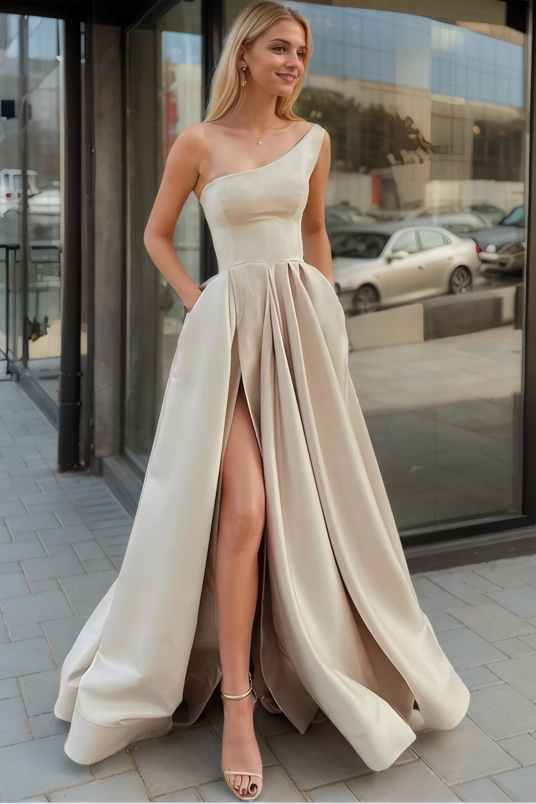 A-Line/Princess Satin Ruffles One-Shoulder Sleeveless Floor-Length Dresses