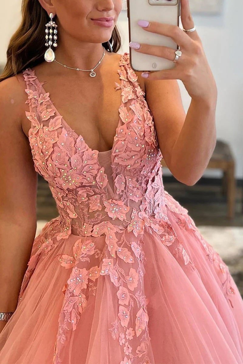 A-Line Prom Dresses Open Back Dress Formal Floor Length Sleeveless V Neck Tulle Backless with Pleats Beading Appliques 2025