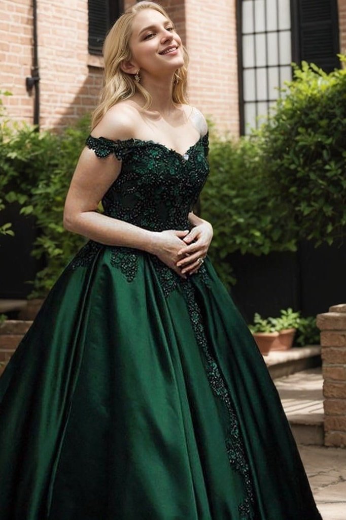 Ball Gown Off-the-Shoulder Sleeveless Sweep Train Satin Prom Dress With Appliqued Beading