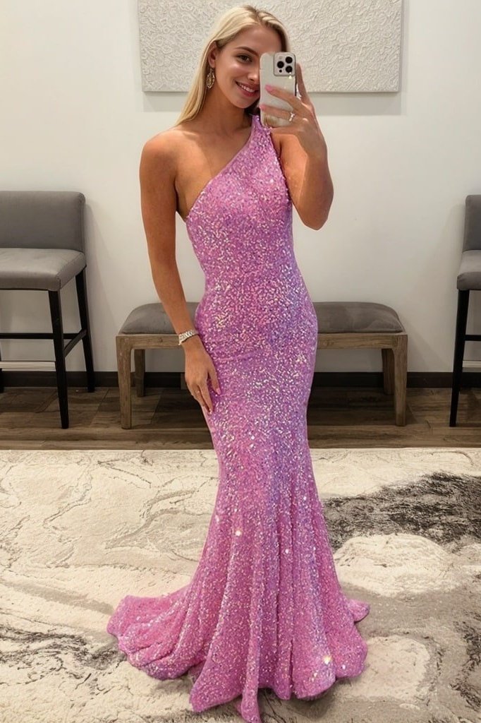 Trumpet/Mermaid One-Shoulder Sleeveless Sparkling Allover Sequined Prom Dress