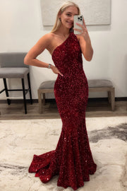 Trumpet/Mermaid One-Shoulder Sleeveless Sparkling Allover Sequined Prom Dress