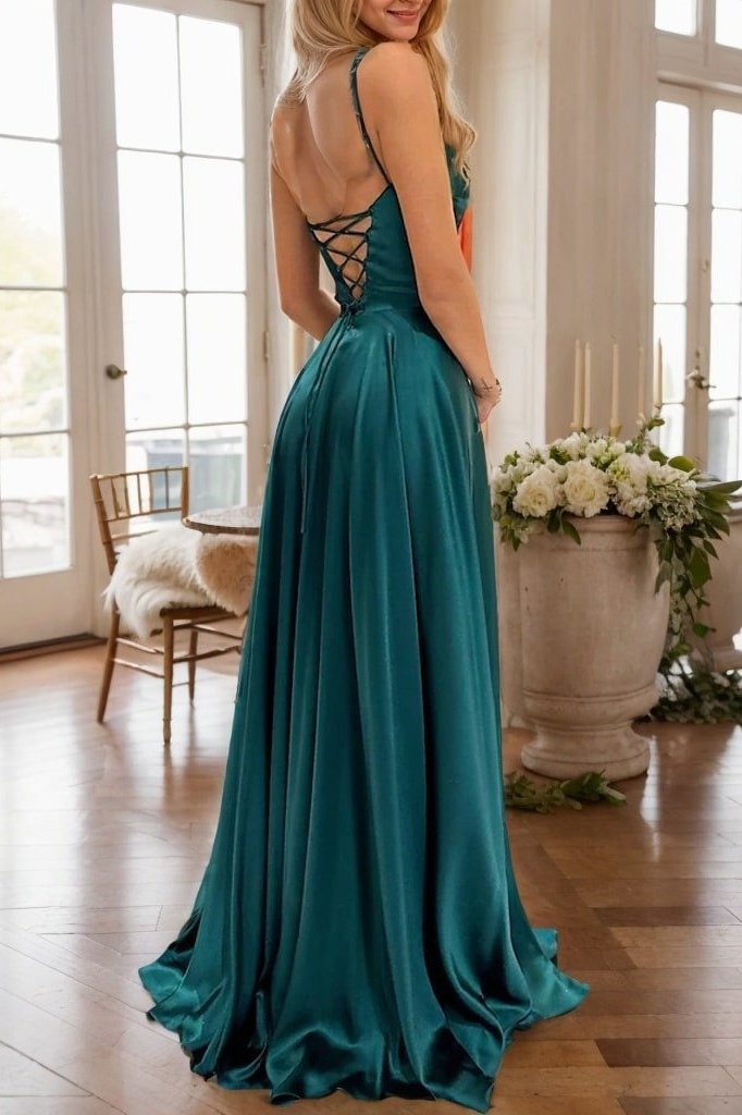 A-line/Princess Square Neckline Sleeveless Sweep Train Charmeuse Prom Dress With Split
