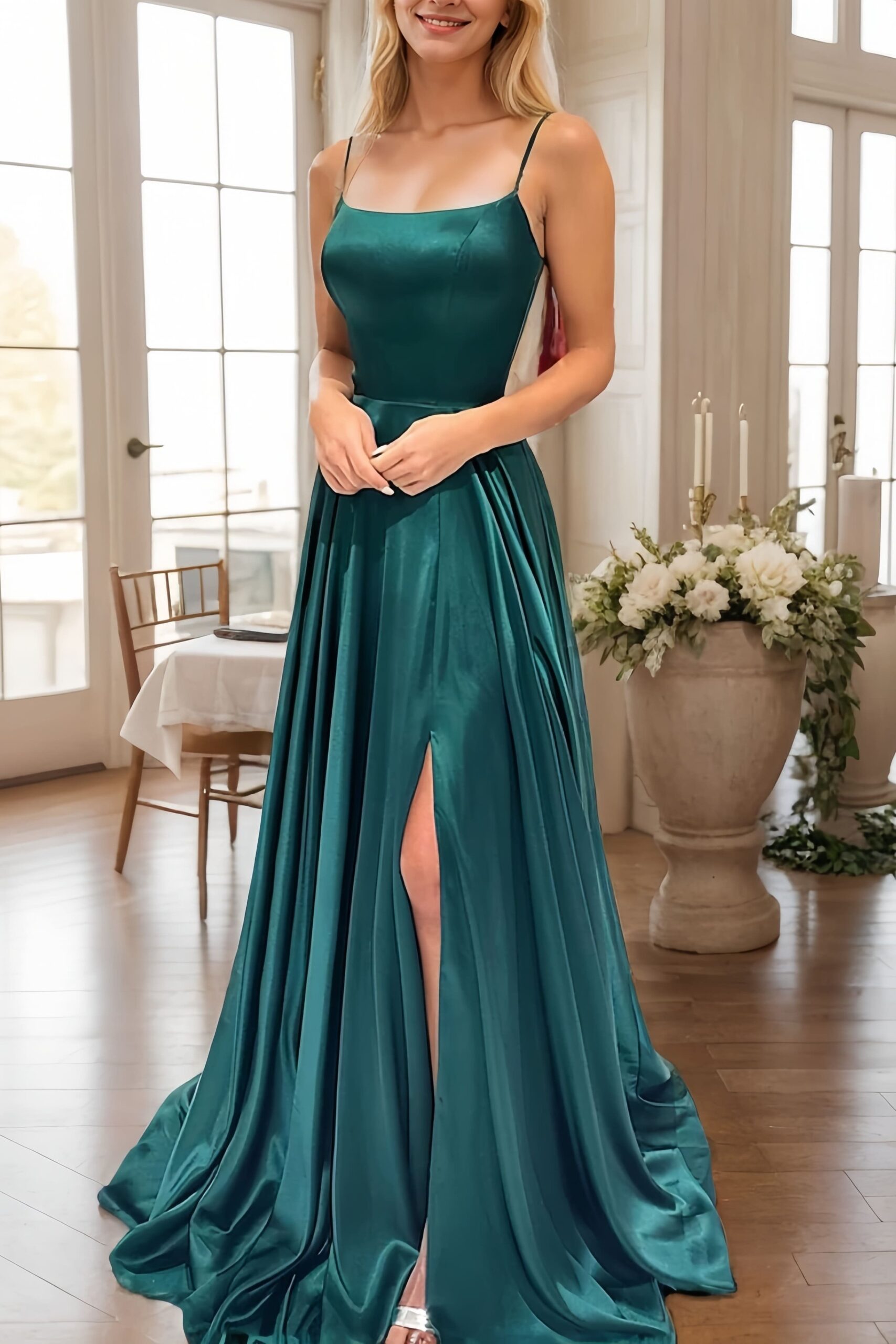 A-line/Princess Square Neckline Sleeveless Sweep Train Charmeuse Prom Dress With Split