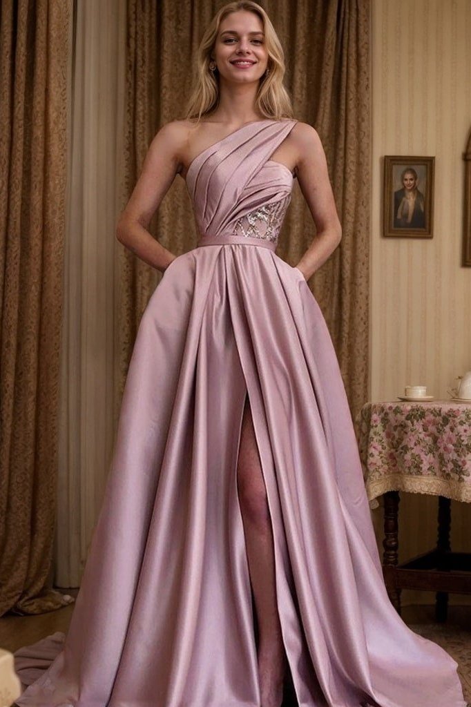 A-line One-Shoulder Sleeveless Sweep Train Satin Prom Dresses With Split Pleated