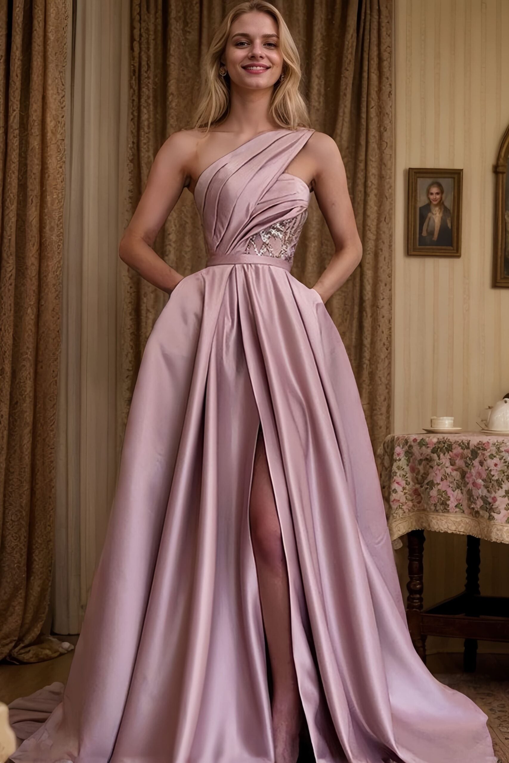 A-line One-Shoulder Sleeveless Sweep Train Satin Prom Dresses With Split Pleated