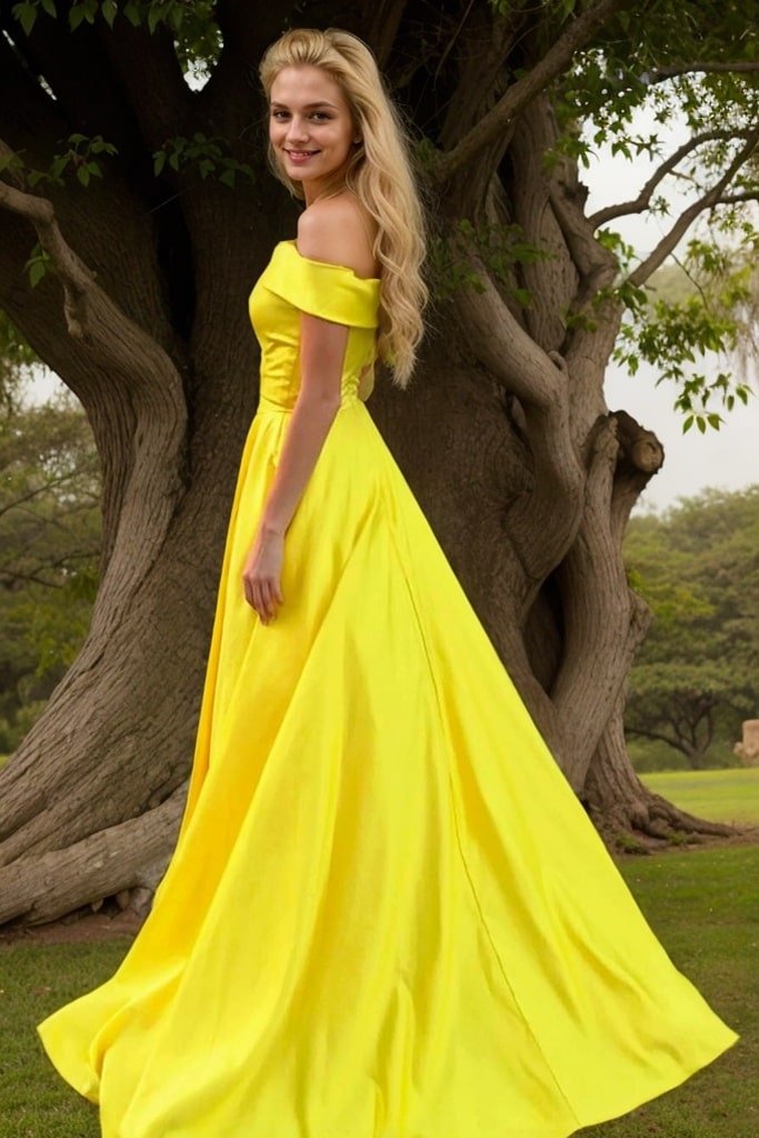A-line/Princess Off-the-Shoulder Sleeveless Sweep Train Satin Prom Dresses With Low Back