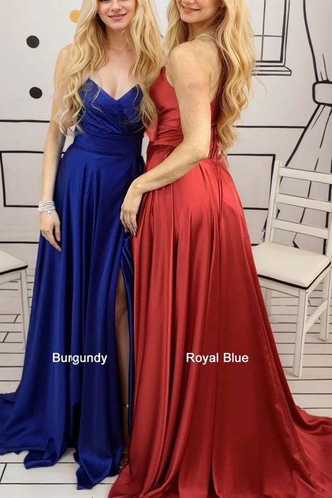 A-line V Neck Sleeveless Charmeuse Court Train Prom Dresses With Pleated Split