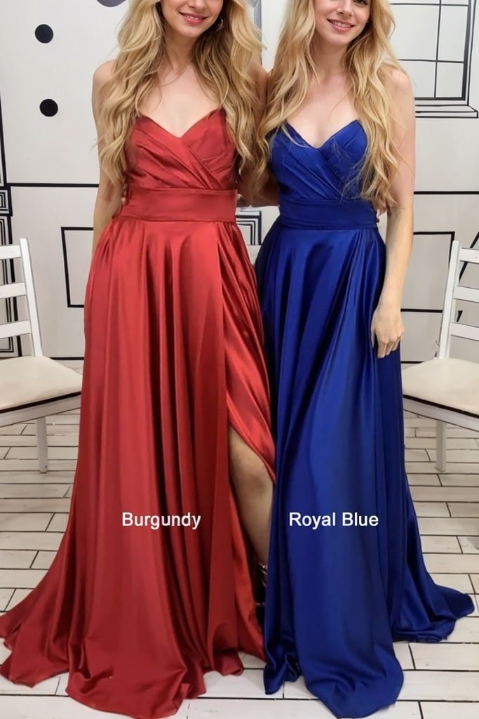 A-line V Neck Sleeveless Charmeuse Court Train Prom Dresses With Pleated Split