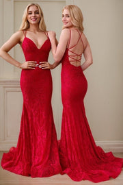 Trumpet/Mermaid Sleeveless Sweep Train Lace Prom Dresses With Pleated