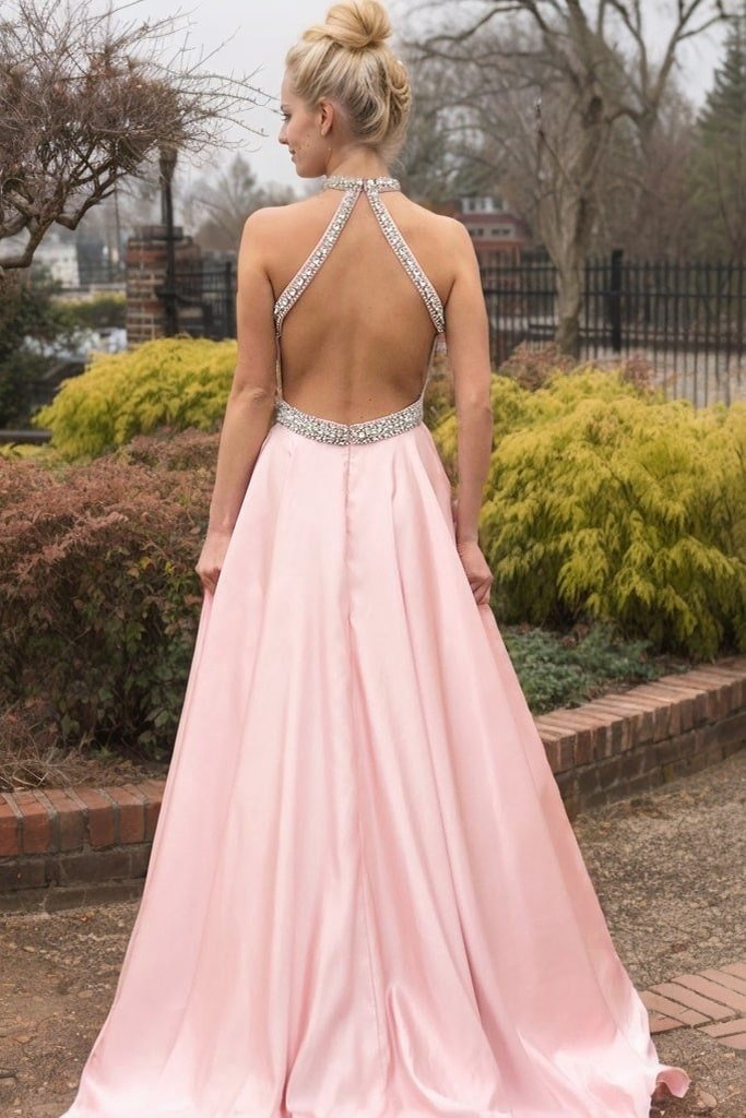 A-line/Princess High-Neck Sleeveless Sweep Train Satin Prom Dresses With Waistband Beading