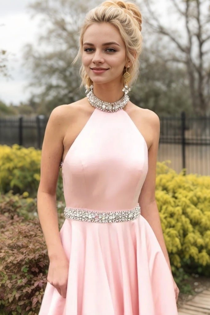 A-line/Princess High-Neck Sleeveless Sweep Train Satin Prom Dresses With Waistband Beading