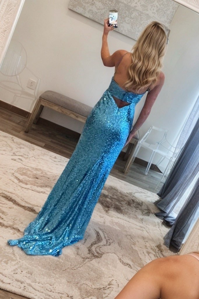 Mermaid V Neck Cutout Blue Long Prom Dresses