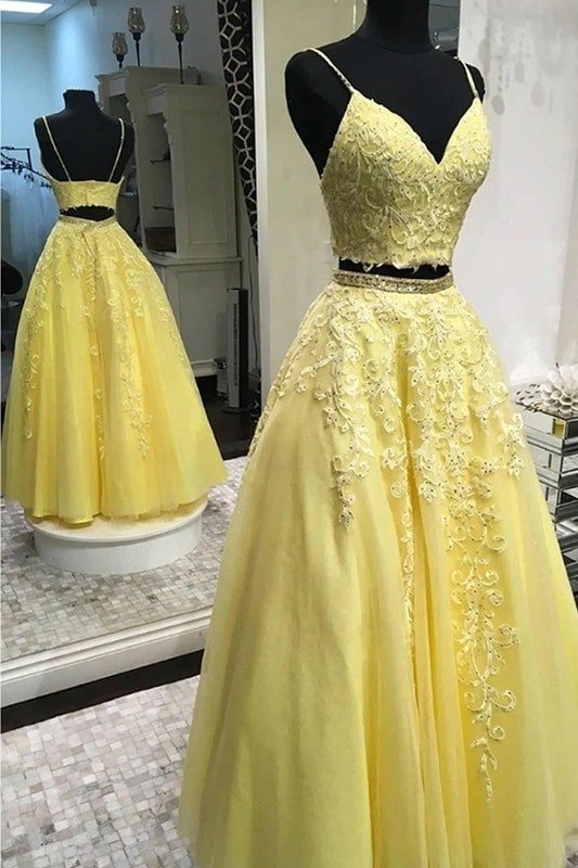 A-Line/Princess Tulle Applique Sleeveless V-neck Floor-Length Two Piece Prom Dresses