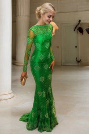 Trumpet/Mermaid High Neck Long Sleeves Applique Sweep/Brush Train Satin Prom Dresses