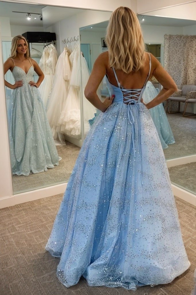 A-line Princess Sweetheart Sleeveless Tulle Satin Sweep Train Prom Dresses With Glitter