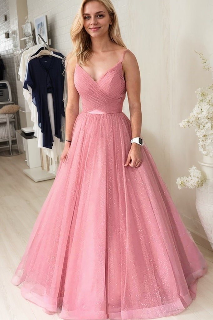 Ball Gown Long/Floor-Length Sparkling Tulle Prom Dresses With Pleated
