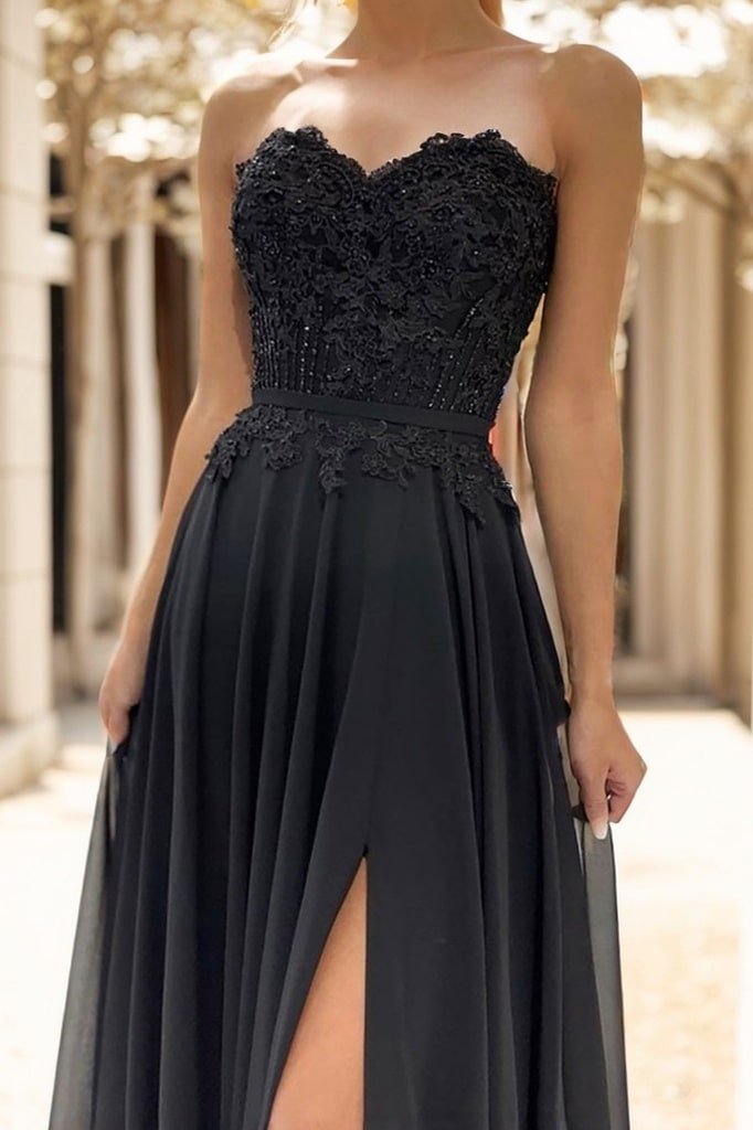 A-line Sweetheart Sweep Train Chiffon Prom Dresses With Lace Beading Split