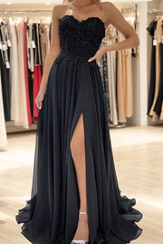 A-line Sweetheart Sweep Train Chiffon Prom Dresses With Lace Beading Split