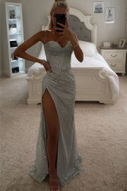 Sheath/Column Sequins Ruched Spaghetti Straps Sleeveless Sweep/Brush Train Dresses