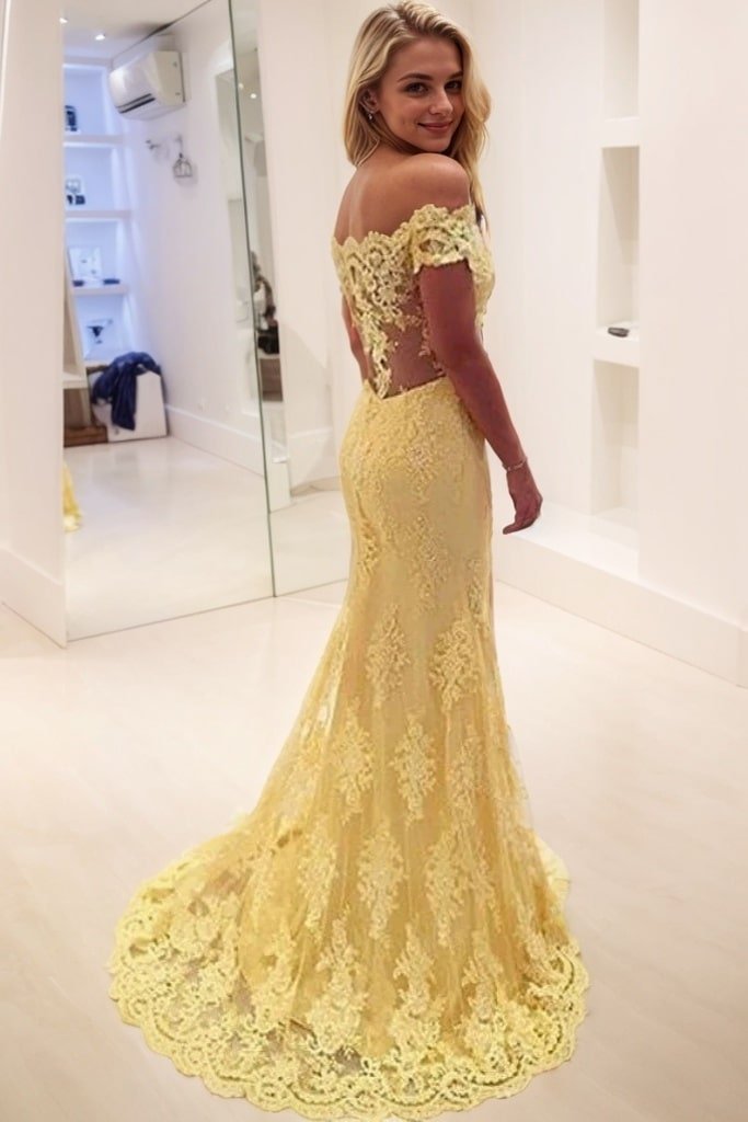 Trumpet/Mermaid Off-the-Shoulder Sleeveless Lace Sweep/Brush Train Prom Dresses