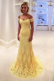 Trumpet/Mermaid Off-the-Shoulder Sleeveless Lace Sweep/Brush Train Prom Dresses