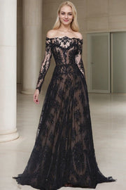 A-Line/Princess Off-the-Shoulder Long Sleeves Lace Sweep/Brush Train Prom Dresses