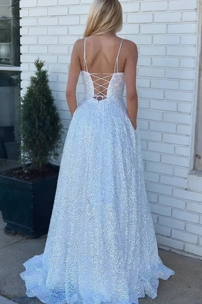 A-line Bateau Sleeveless Sequined Long/Floor-Length Prom Dresses With Beading Pockets