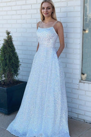 A-line Bateau Sleeveless Sequined Long/Floor-Length Prom Dresses With Beading Pockets
