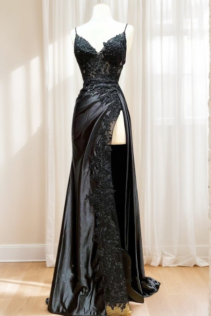 Sheath/Column Black Long Prom Dress Lace V Neck Formal Dresses High split