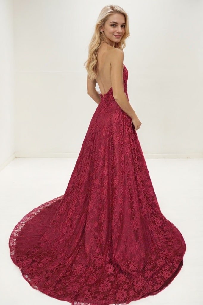 A-Line Spaghetti Straps Floor-Length Burgundy Prom Dresses with Appliques Evening Dresses Party Dresses