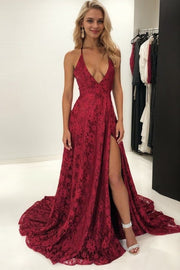 A-Line Spaghetti Straps Floor-Length Burgundy Prom Dresses with Appliques Evening Dresses Party Dresses