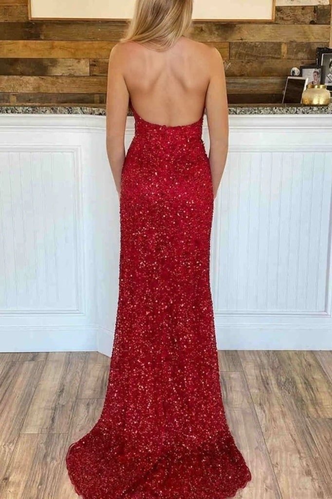 Sheath/Column V Neck Sleeveless Court Train Velvet Sequins Prom Dresses With Split