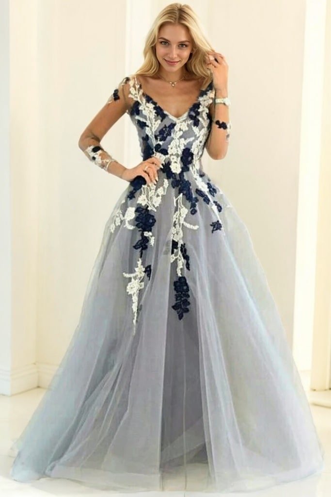 Tulle Long/Floor-Length A-Line/Princess Full/Long Sleeve V-Neck Zipper Evening Dress With Appliqued
