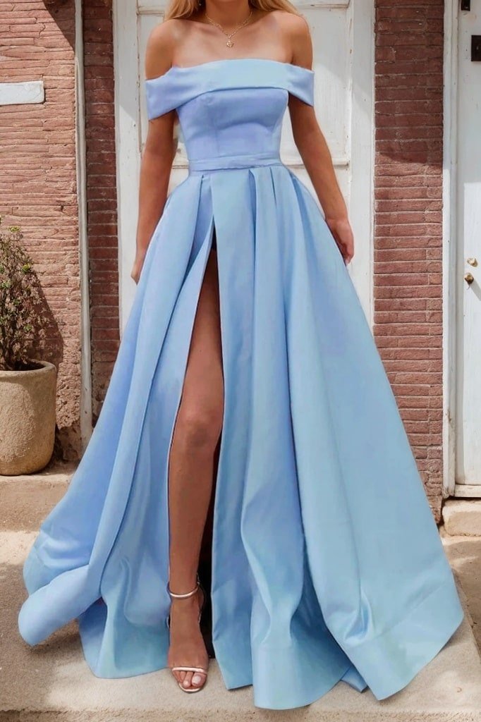 A-line Off-the-Shoulder Sleeveless Long/Floor-Length Satin Prom Dresses With Split