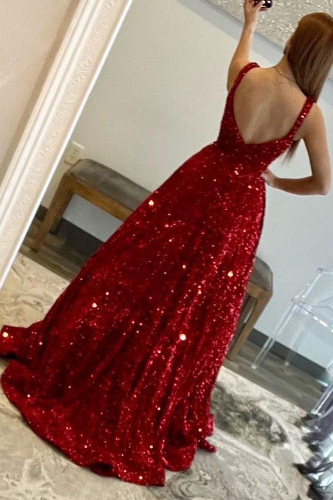 A-line Square Neckline Sleeveless Sweep Train Velvet Sequins Prom Dresses with Pockets