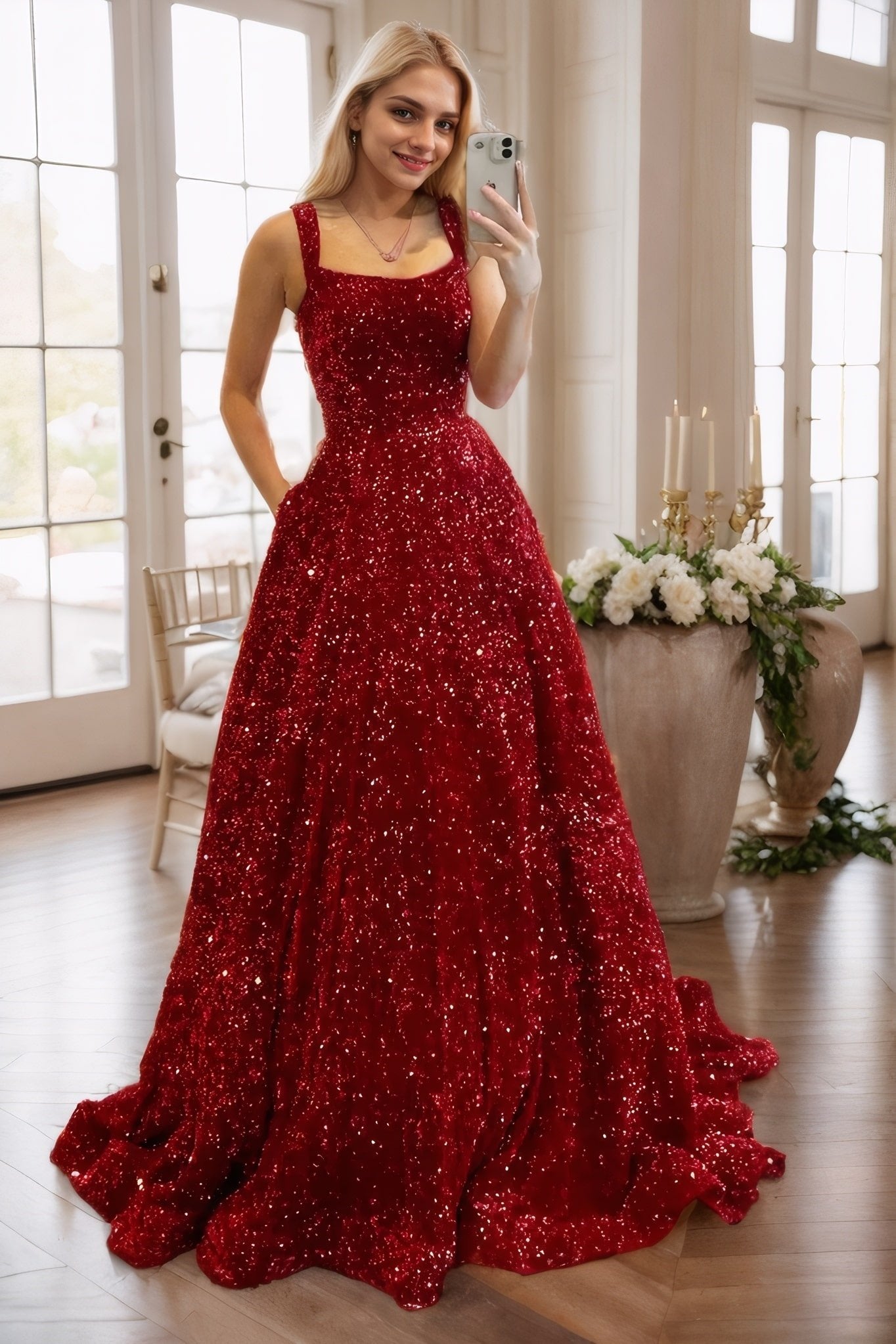 A-line Square Neckline Sleeveless Sweep Train Velvet Sequins Prom Dresses with Pockets