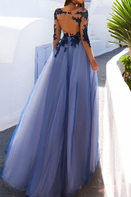 A-Line Scoop Long Sleeves Floor-Length With Applique Tulle Prom Dresses