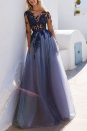 A-Line Scoop Long Sleeves Floor-Length With Applique Tulle Prom Dresses