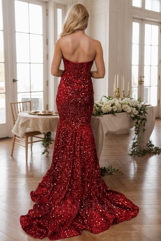Sheath/Column Sweetheart Court Train Velvet Sequins Prom Dresses With Ruffles