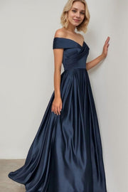 A-line/Princess Off-the-Shoulder Sleeveless Sweep Train Satin Prom Dresses With Pleated
