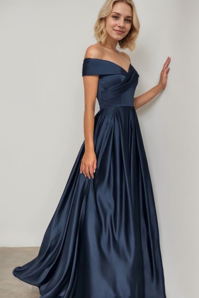 A-line/Princess Off-the-Shoulder Sleeveless Sweep Train Satin Prom Dresses With Pleated