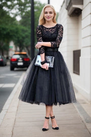 Tulle Tea-Length A-Line/Princess 3/4 Sleeve Bateau Zipper Prom Dresses With Appliqued