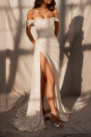 Beach Wedding Mermaid Evening Gown Sequin Dress Wedding Guest Prom Sweep / Brush Train Short Sleeve Off Shoulder Fall Wedding Reception Satin with Slit Masquerade Dress 2025