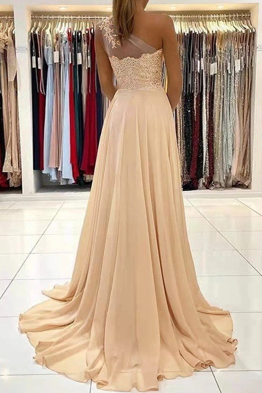 A-line One-Shoulder Sleeveless Chiffon Sweep Train Prom Dress With Appliqued Beading