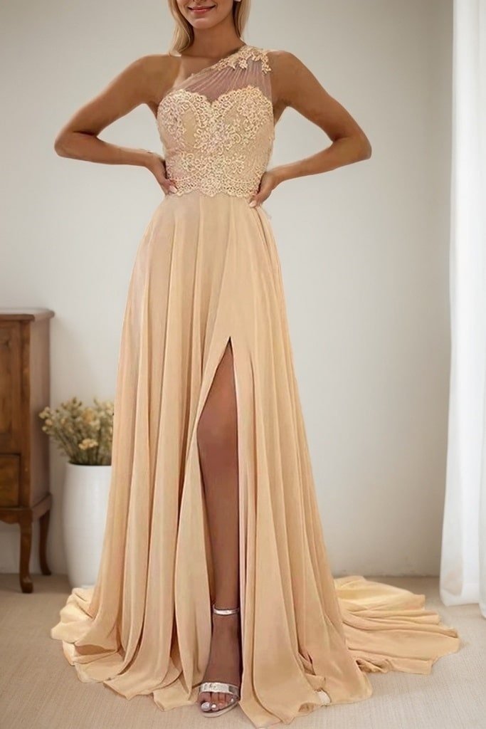 A-line One-Shoulder Sleeveless Chiffon Sweep Train Prom Dress With Appliqued Beading